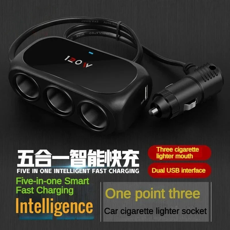3-Socket Car Cigarette Lighter Splitter - 120W 12V/24V Dual USB Fast Charger Adapter for iPhone, GPS and Dashcam