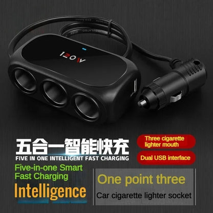 3-Socket Car Cigarette Lighter Splitter - 120W 12V/24V Dual USB Fast Charger Adapter for iPhone, GPS and Dashcam
