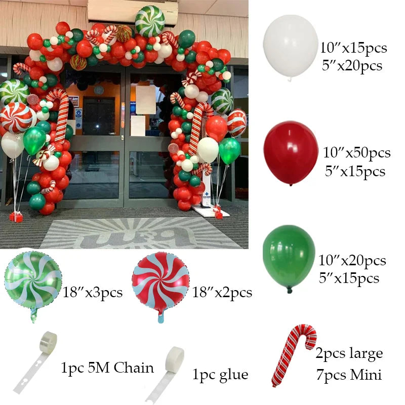 Christmas Balloon Garland Arch – Red & Green Balloons, Star, Santa, and Gift Box Foil Balloons for Xmas and New Year Decoration