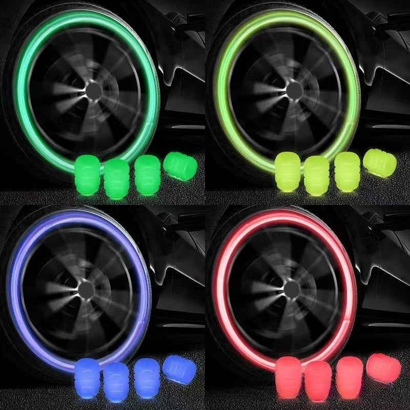 Luminous Valve Caps - Fluorescent Green and Blue Night Glowing Wheel Styling, Universal Car, Motorcycle, Bicycle Tyre Hub Decor, 4 Pcs