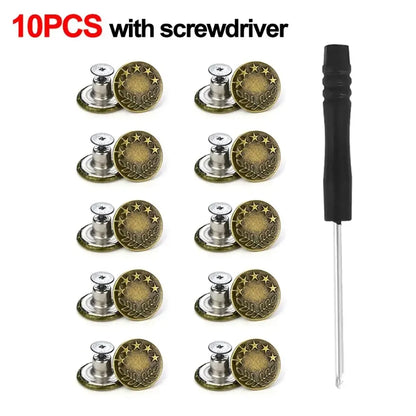 10Pcs 17mm Metal Jeans Buttons – No-Sew Screw Replacement Repair Kit for Pants & Denim