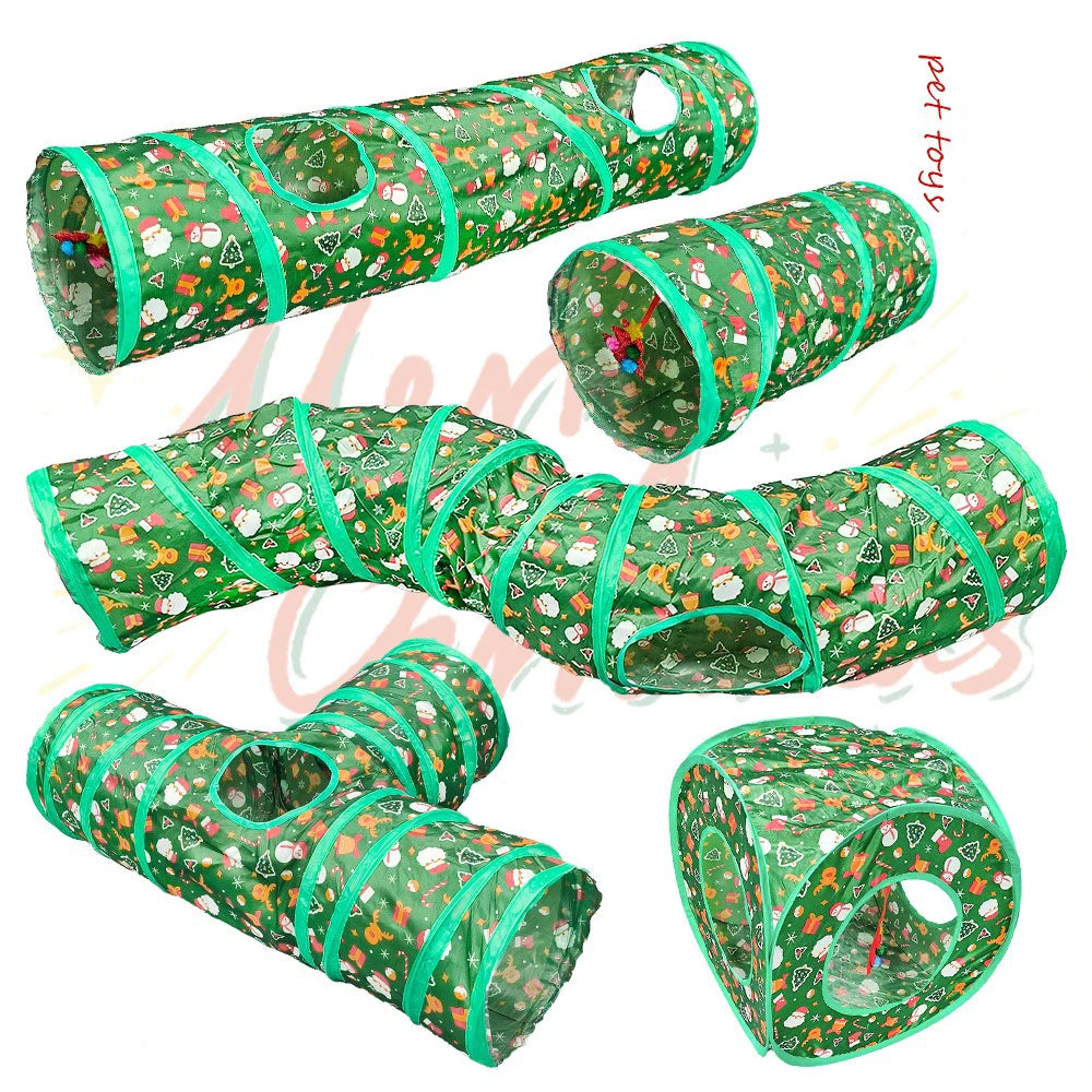 Christmas Cat Tunnel for Indoor Cats – Foldable Green Interactive Pet Play Tunnel for Kittens, Breathable Cat Exercise Toy