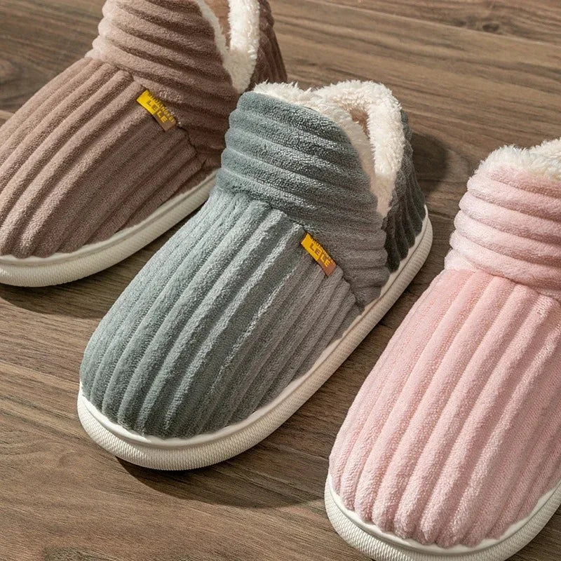 Winter Couple Striped Plush Slippers – Soft Non-Slip Warm Cotton Home Shoes for Men & Women