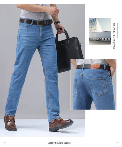 Men’s Casual Comfortable Jeans – Straight Loose Fit High Waist Elastic Trousers for All Seasons & Office Wear