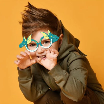 Cartoon Dinosaur Paper Glasses - Jungle Safari Dino Eye Mask for 1st Happy Birthday Party Decor and Photo Props for Kids Boys