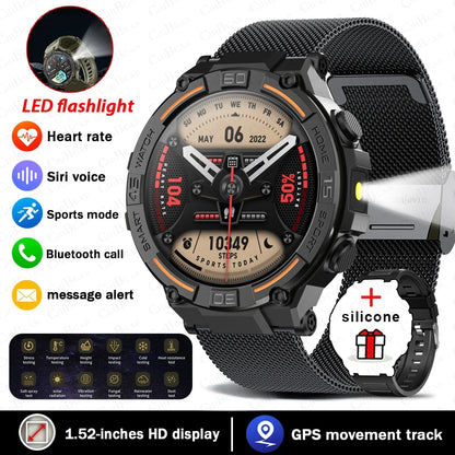 Military Smartwatch for Men – 360x360 HD Screen, Flashlight, Heart Rate, Health Monitor, Waterproof, BT Call for Android & iOS
