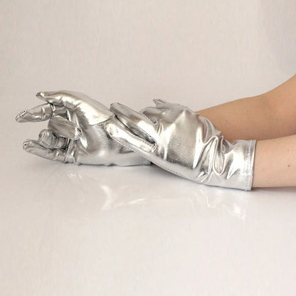 Gold Silver Metallic Faux Leather Short Gloves – Sexy Wet Look Party, Evening & Performance Mittens Handwear