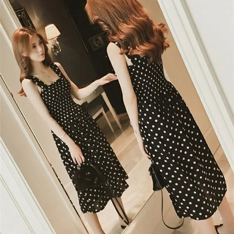Women’s Summer Polka Dot Dress – Elegant Sleeveless Chiffon Long Dress with Square Neck, Casual & Discount Vestidos