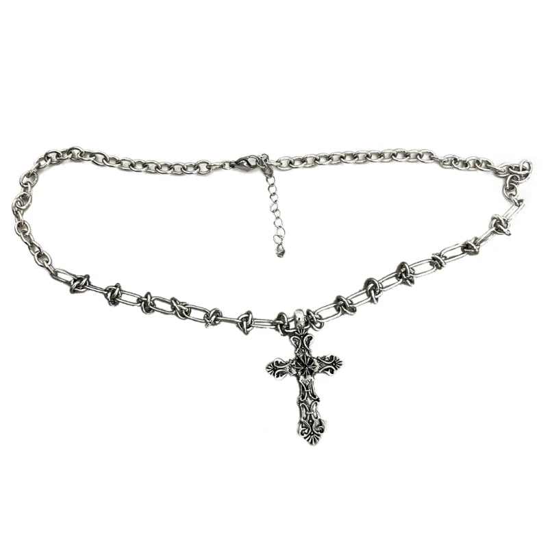 Vintage Cross Pendant Necklace – Kpop Punk Long Chain Retro Jewelry for Women, Korean Fashion Gift