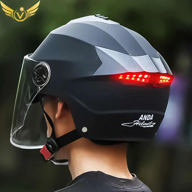 Motorcycle Helmet with LED Lights – Double Visor Moped Helmet for Men & Women, Electric Scooter & Bicycle Light, Rechargeable