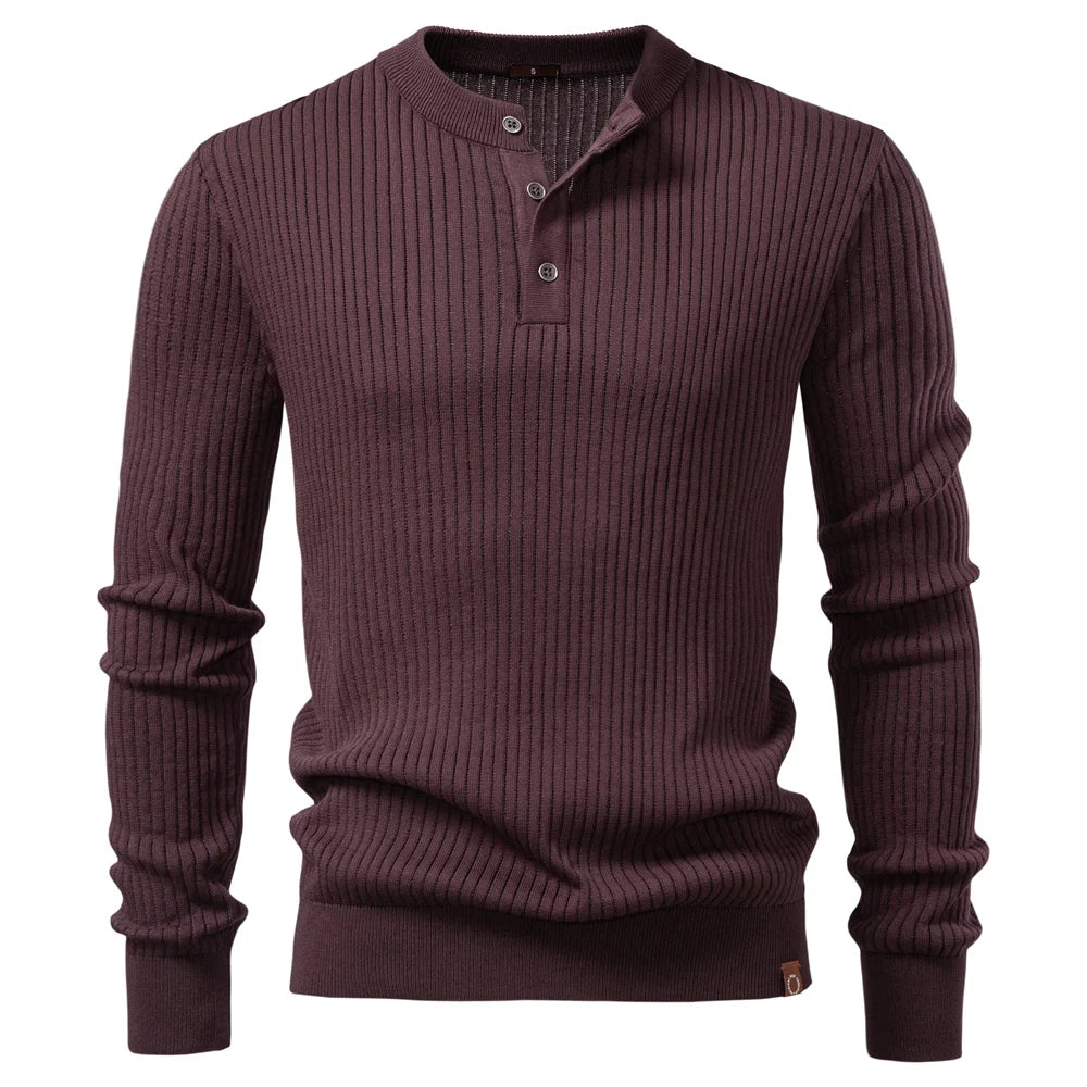 Men's Ribbed Stripe Polo Shirt - Long Sleeve Button Placket Premium Business Casual Top