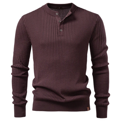 Men's Ribbed Stripe Polo Shirt - Long Sleeve Button Placket Premium Business Casual Top