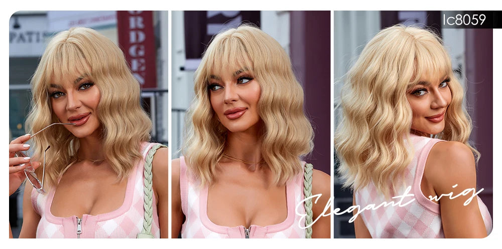 CharmSource Pink BOBO Short Synthetic Wig – Natural Wavy Heat Resistant Hair Wig for Women, Party & Daily Wear