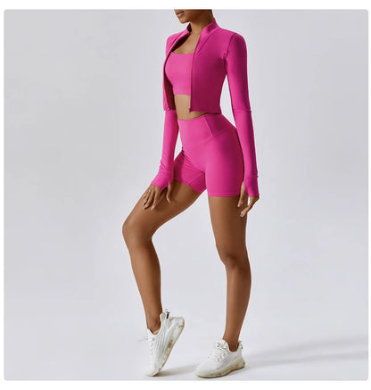 3PCS Women’s Yoga & Workout Set – Long Sleeve Zipper Top with High Waist Leggings Fitness Sportswear