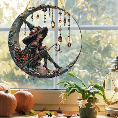 8x8 Inch Moonlight Witch Acrylic Stained Glass Suncatcher - Charming Window Hanging Wall Art Decor