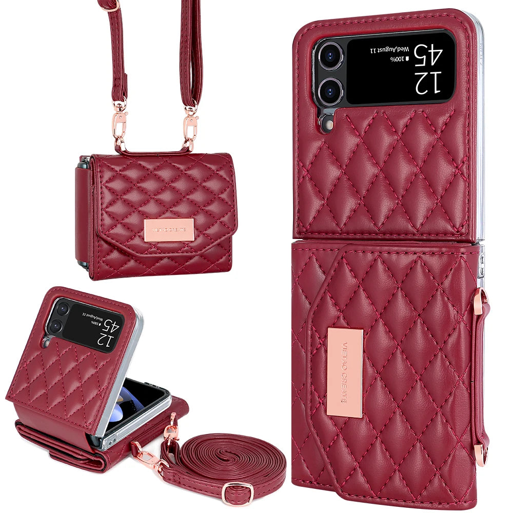 VIETAO Leather Wallet Phone Case with Crossbody Strap — Pink Purse Case for Samsung Galaxy Z Flip 3/4/5/6/7