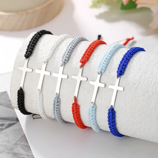 Handwoven Adjustable Stainless Steel Cross Bracelet – Colorful Cord Couple Friendship Jewelry