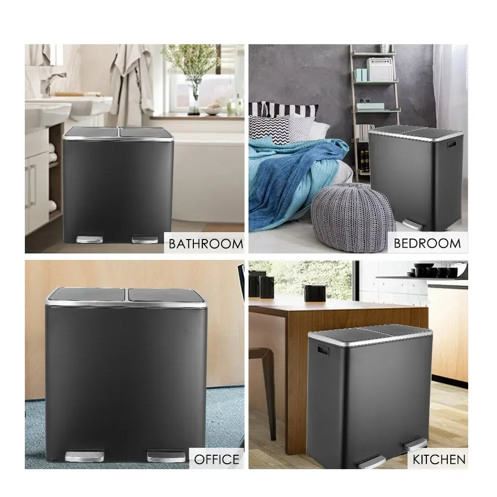 60L Dual Compartment Kitchen Step Trash Can – Hands-Free, Soft-Close Lid, Brushed Stainless Steel