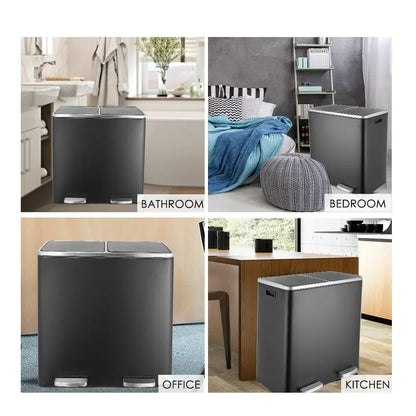 60L Dual Compartment Kitchen Step Trash Can – Hands-Free, Soft-Close Lid, Brushed Stainless Steel