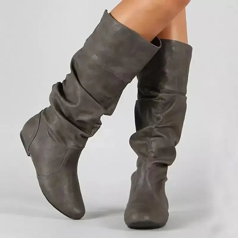 Women’s Mid-Calf Cowboy Boots – Flat Western Style Faux Leather Spring Autumn Shoes 35–43