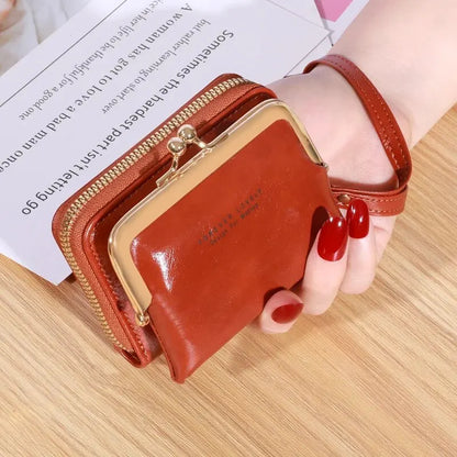 Women's Wrist Strap Wallet - Large Capacity Short Wax Oil Leather Zero Wallet with Multi-Card Holder and Letter Design