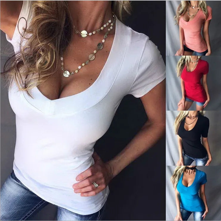 Women’s Summer Slim T-Shirt – Solid Color Deep V-Neck Sexy Short Sleeve Casual Top TXGL027