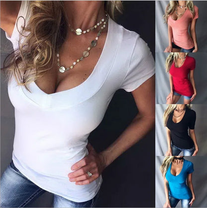 Women’s Summer Slim T-Shirt – Solid Color Deep V-Neck Sexy Short Sleeve Casual Top TXGL027