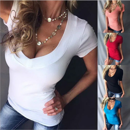 Women’s Summer Slim T-Shirt – Solid Color Deep V-Neck Sexy Short Sleeve Casual Top TXGL027