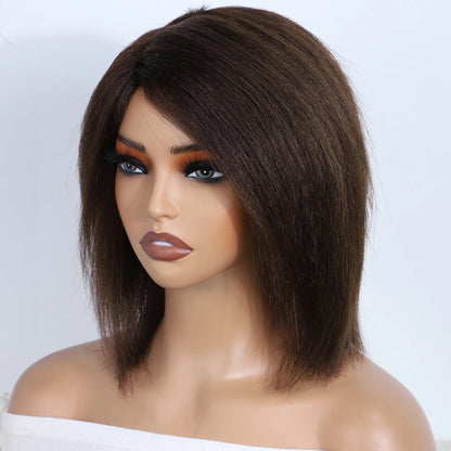 Lekker Short Kinky Straight Bob Wig - 12" Glueless Brazilian Remy Human Hair, Natural Brown, Ready to Wear
