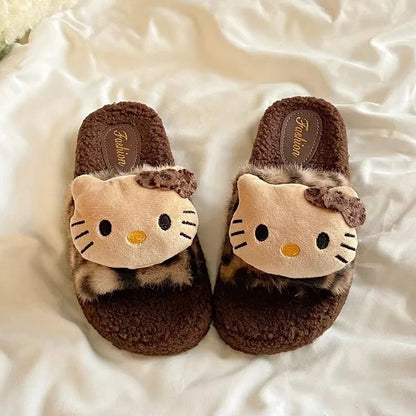 Kawaii Hello Kitty Leopard Print Fluffy Slippers – Women’s Cozy Non-Slip Indoor Cotton Slippers