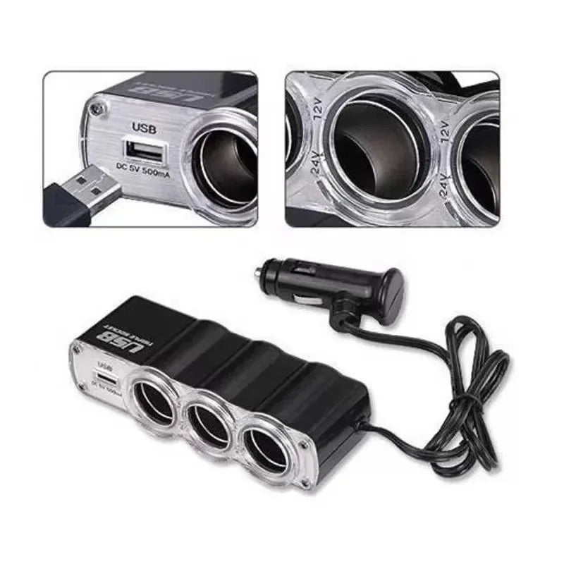 3-Socket Car Cigarette Lighter Splitter - 120W 12V/24V Dual USB Fast Charger Adapter for iPhone, GPS and Dashcam