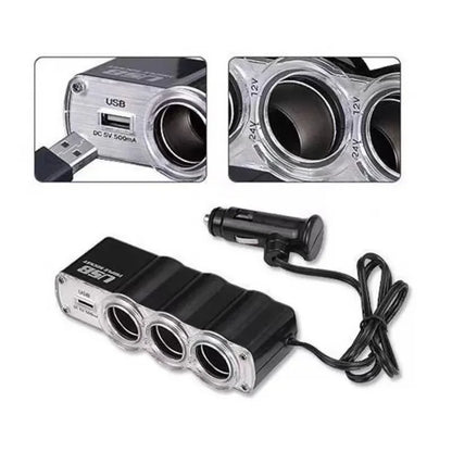 3-Socket Car Cigarette Lighter Splitter - 120W 12V/24V Dual USB Fast Charger Adapter for iPhone, GPS and Dashcam