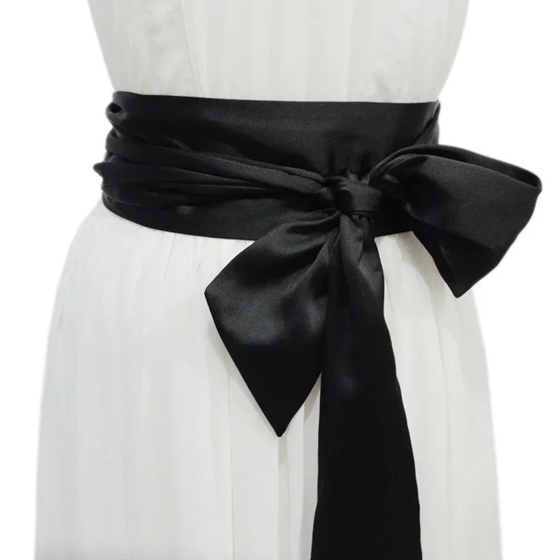 New Ladies' Belt – Burgundy & Black Silk Wide Waist Seal with Long Ice Silk Lace, Soft Fashion Accessories Belt