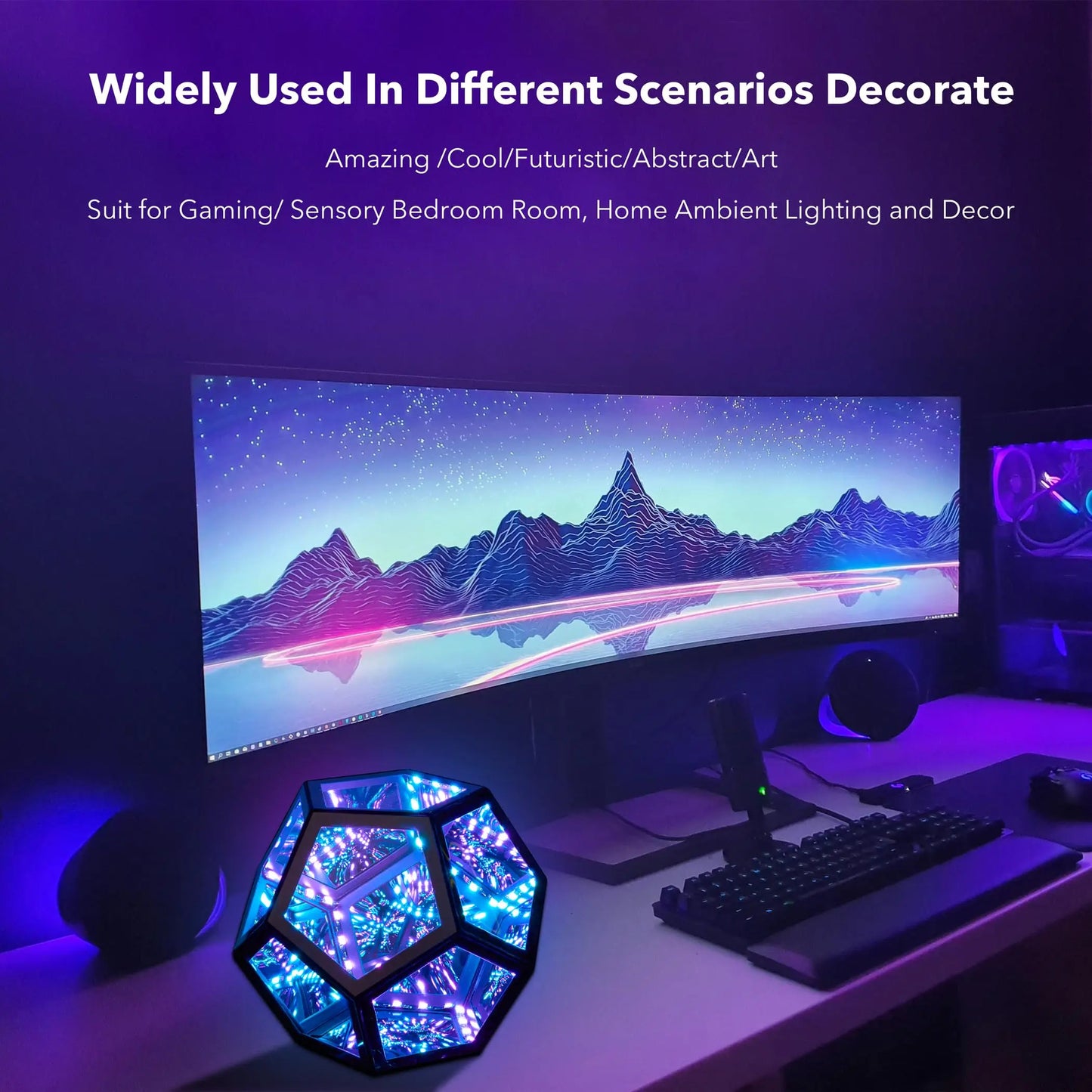 Dreamy Geometric Space LED Night Light Infinity Dodecahedron Mirror Art Lamp with Stand – Creative Color Changing Decor Gift for Christmas & Birthday
