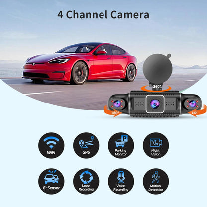 Free 64GB 360° Car DVR Dash Cam – WiFi, GPS, 24H Parking Monitor, 4 Lens HD 1080P Video Recorder with App Control