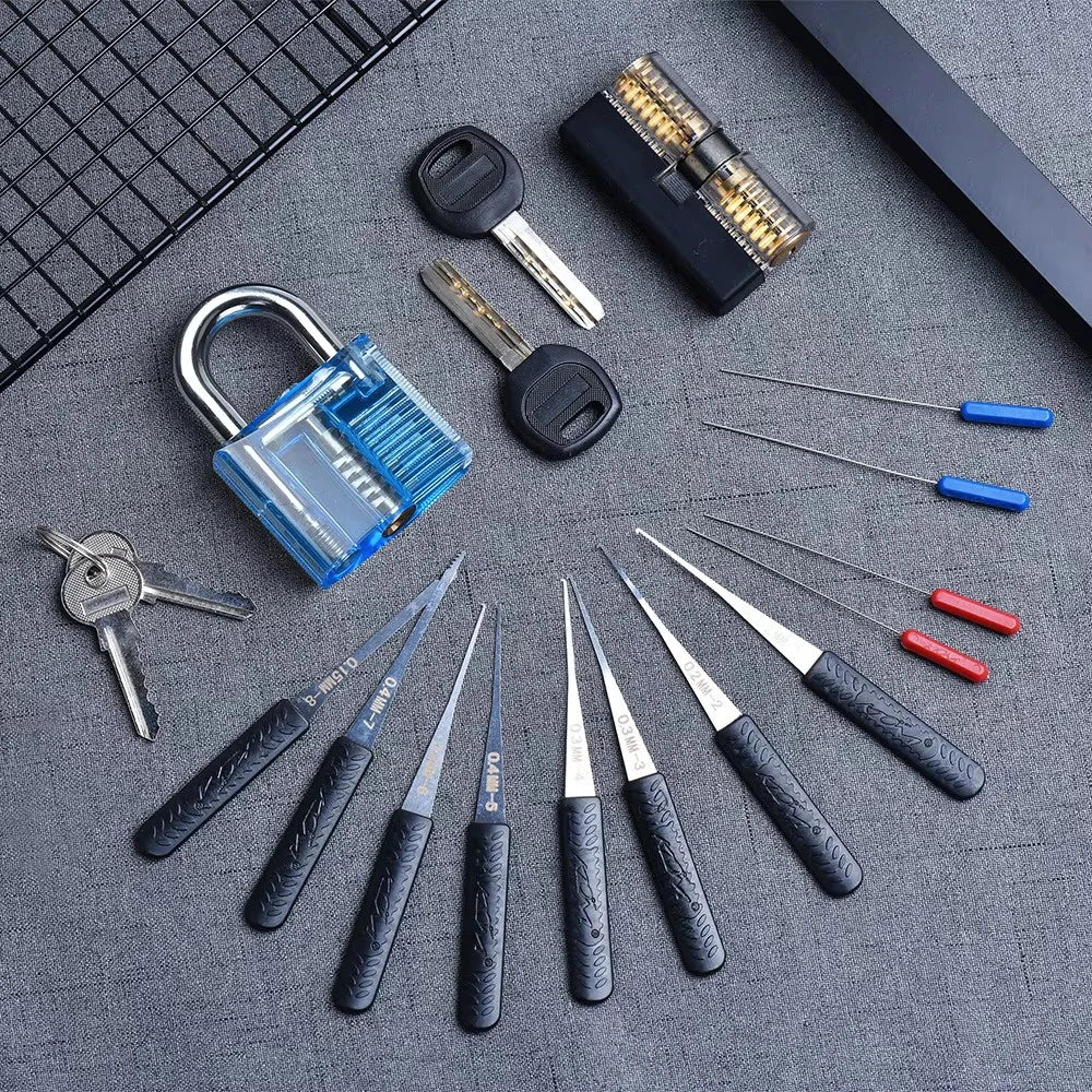 KAK Transparent Practice Padlock Set - Cutaway Training Lock with Broken Key Extractor Hooks and Locksmith Tools