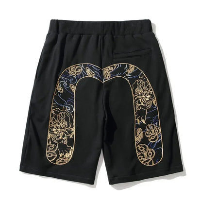 Men's Embroidered Denim Shorts - Black Hip-Hop Washed Cotton Shorts with Dragon & Cherry Blossom Design