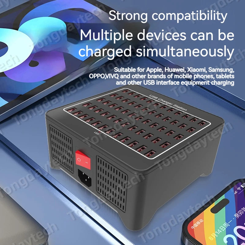 300W Universal Multi USB Charger Station – 60-Port Fast Charging for iPad, iPhone 11/12/13 Pro Max, Samsung Tablet
