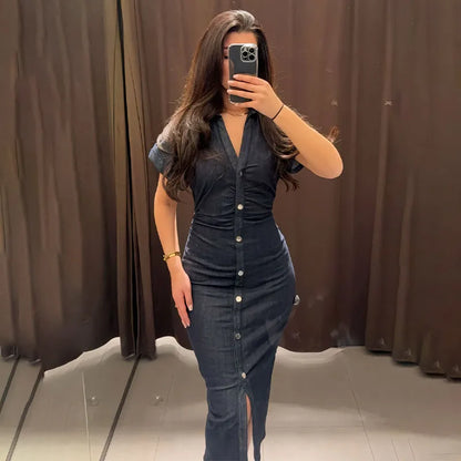 Elegant Pleated Denim Dress for Women – 2025 Chic Slim Fit Lapel Vestido with Short Sleeves & Single-Breasted Design