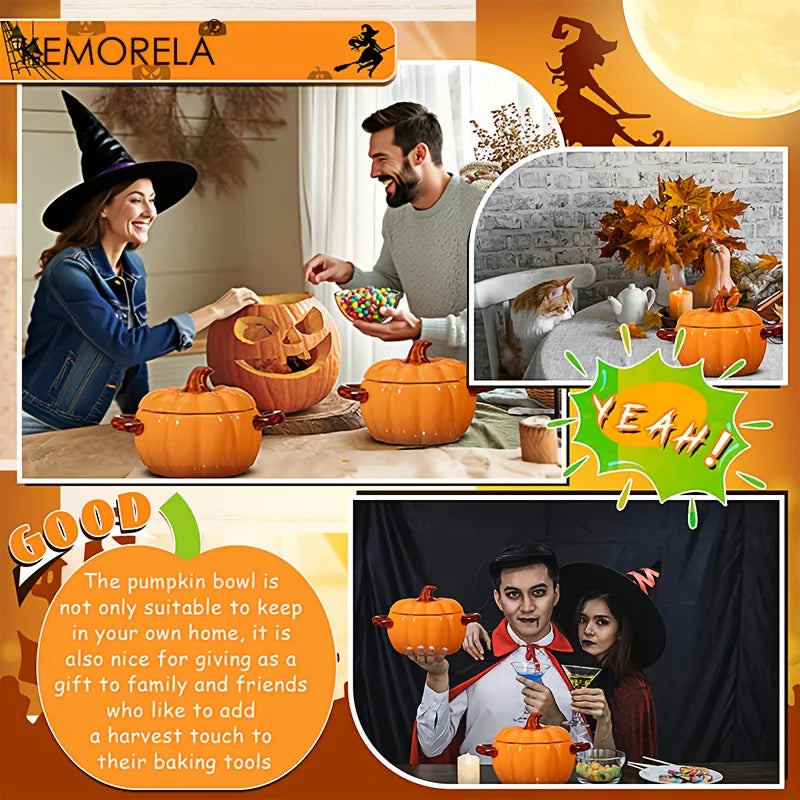 Halloween Pumpkin Ceramic Bowl – Oven-Safe Casserole with Lid & Handles for Thanksgiving