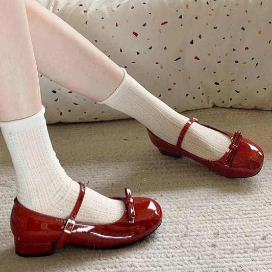 Spring Autumn Wine Red Mary Jane Shoes – Women’s Low Heel Leather Flats with Butterfly Knot & Round Toe