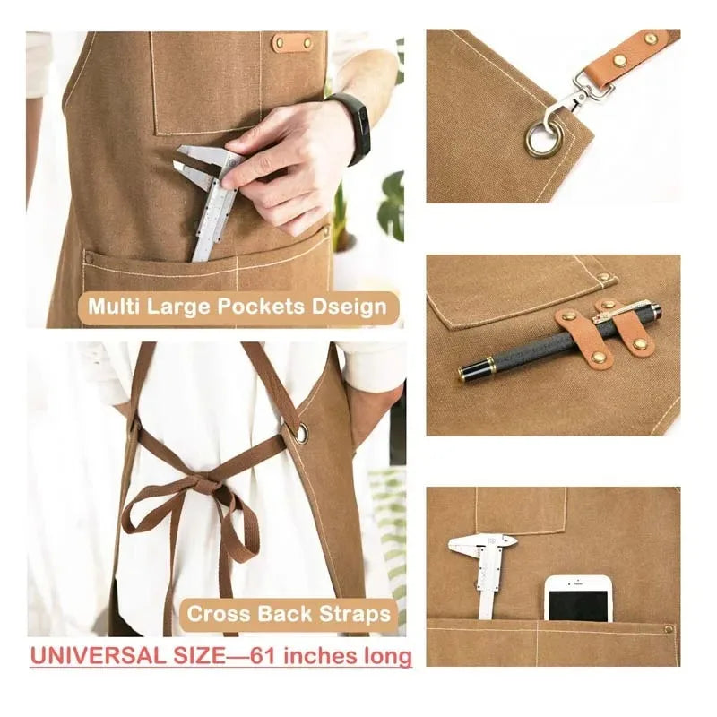 Household Canvas Apron – Oil-Proof Kitchen Cooking Apron with Tool Pockets for Men & Women