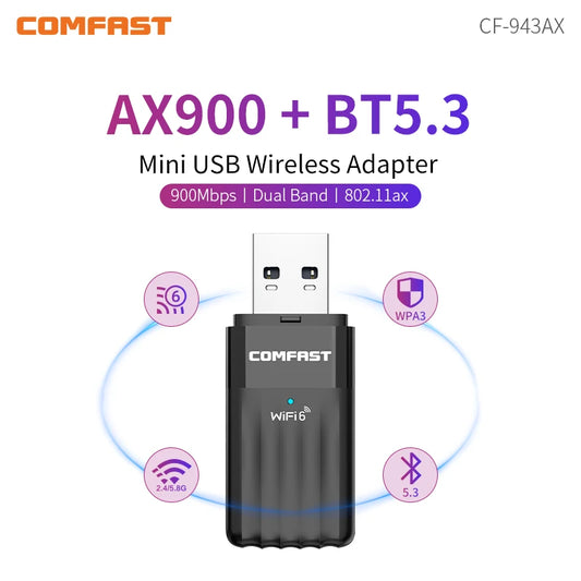 COMFAST AX900 USB WiFi 6 & Bluetooth 5.3 Adapter – Dual Band 2.4G/5GHz, 900Mbps Wireless Adapter for Windows 10/11, Plug & Play