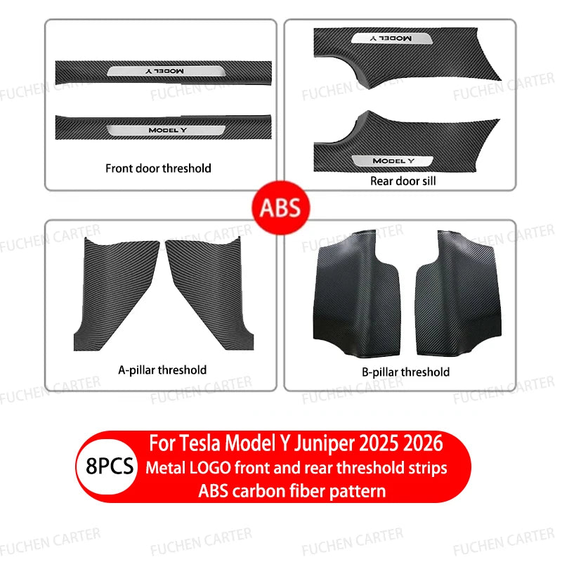 Tesla Model Y Juniper 2025–2026 Metal Logo Door Sill Protectors – Front and Rear Anti-Kick Threshold Guard Strips