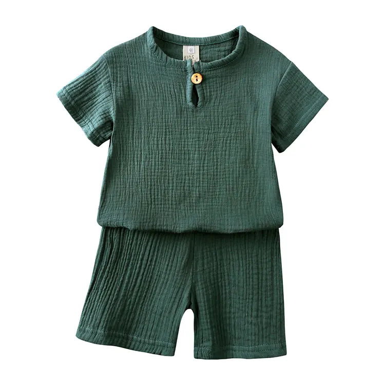 Cotton Linen Kids Summer Outfit – Solid Color Short Sleeve Tops & Shorts for Boys & Girls (Ages 2-7)