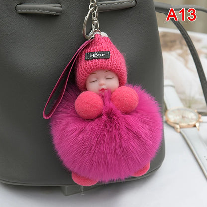 Cute Pompom Sleeping Baby Keychain - Fluffy Plush Doll Bag Charm, Key Ring & Gift for Women and Girls