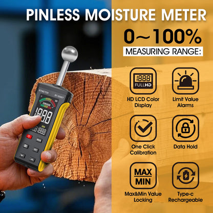 BT-5000T Pinless Wall Humidity Detector - 20–40mm Wood Moisture Meter with WET/RISK/DRY Alarm & Wall Surface Testing
