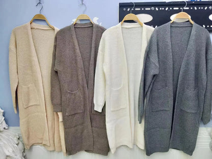 Solid Color Casual Knit Sweater Long Cardigan Coat – Women's Autumn & Winter Lazy Loose Knitwear Coat with Pockets, Y2K Style