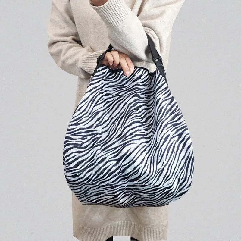 Large Eco-Friendly Folding Shopping Bag - Reusable, Portable One-Shoulder Handbag for Travel & Grocery with Fashionable Pocket Design