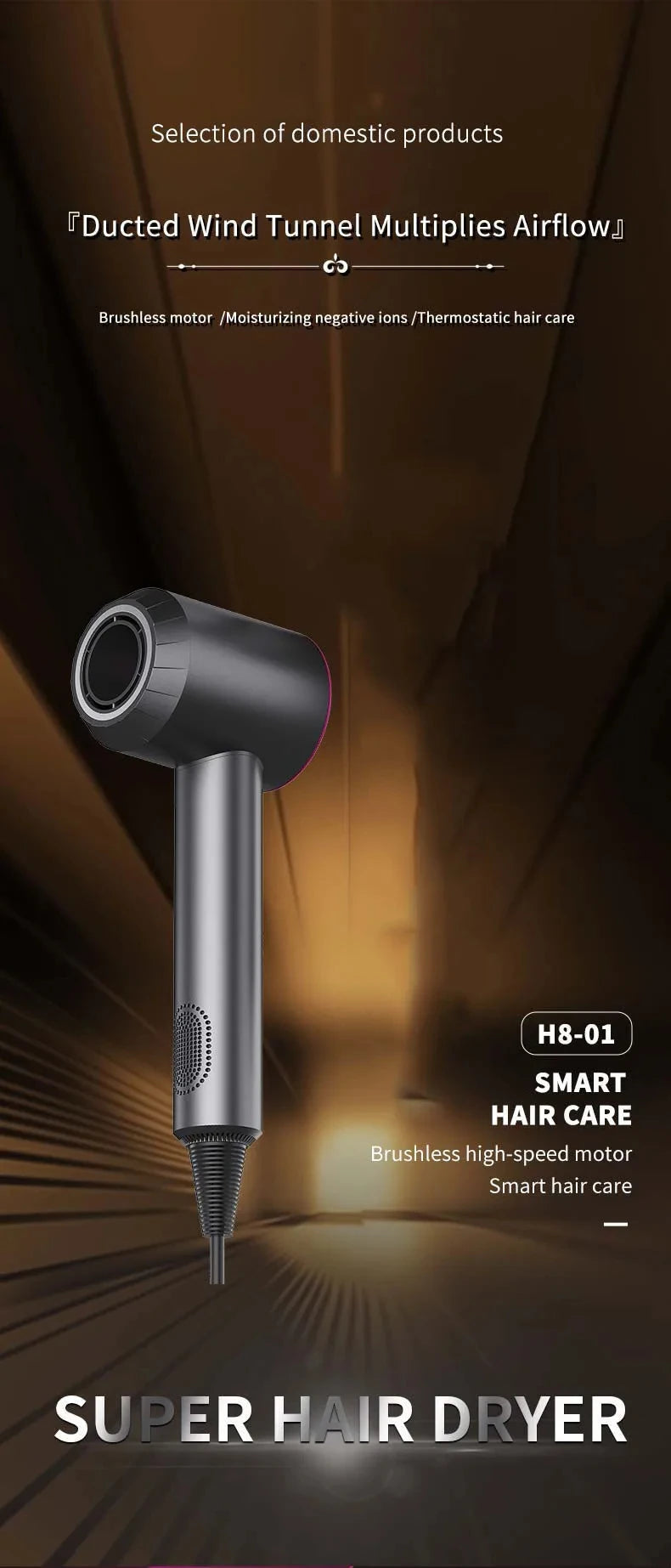 Professional Leafless Hair Dryer – Powerful Negative Ion Quick-Dry with 5 Attachments & Constant Anion Technology